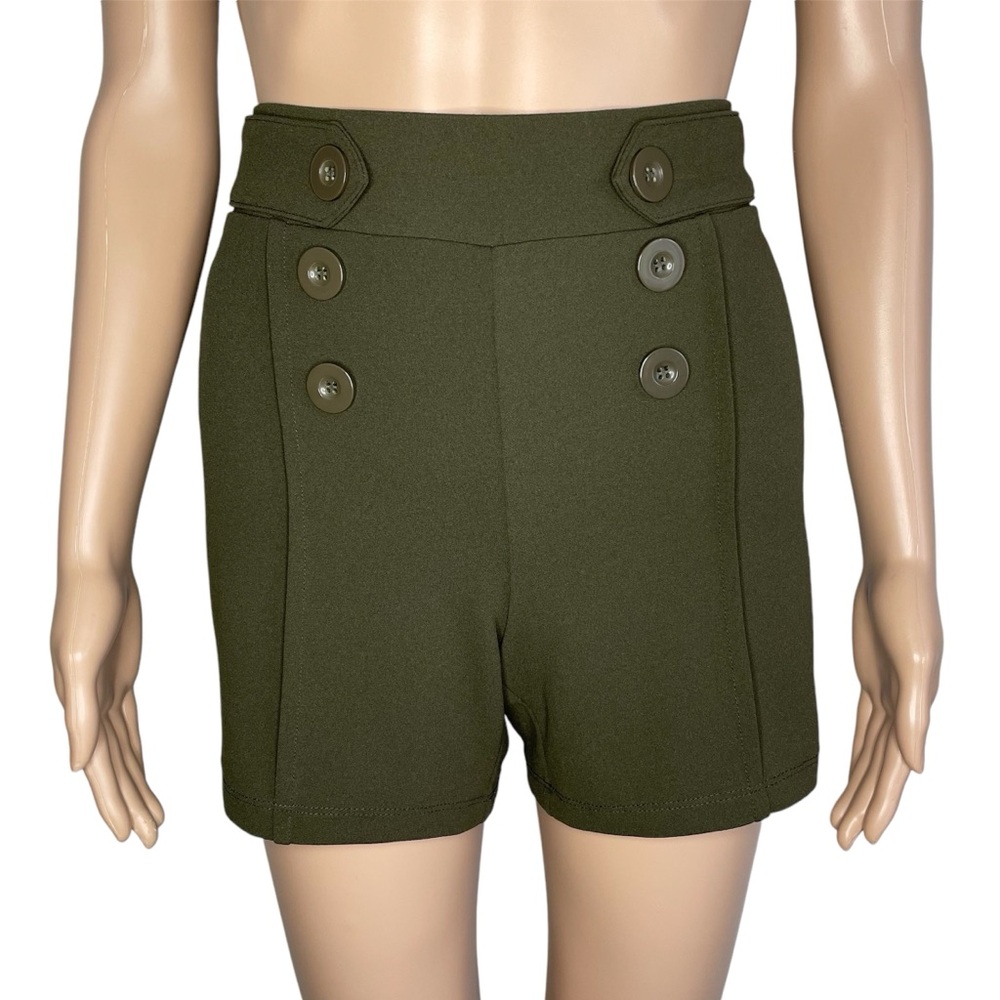 Retrology Olive Green Button Front High Waisted Pull On Sailor Short Shorts
